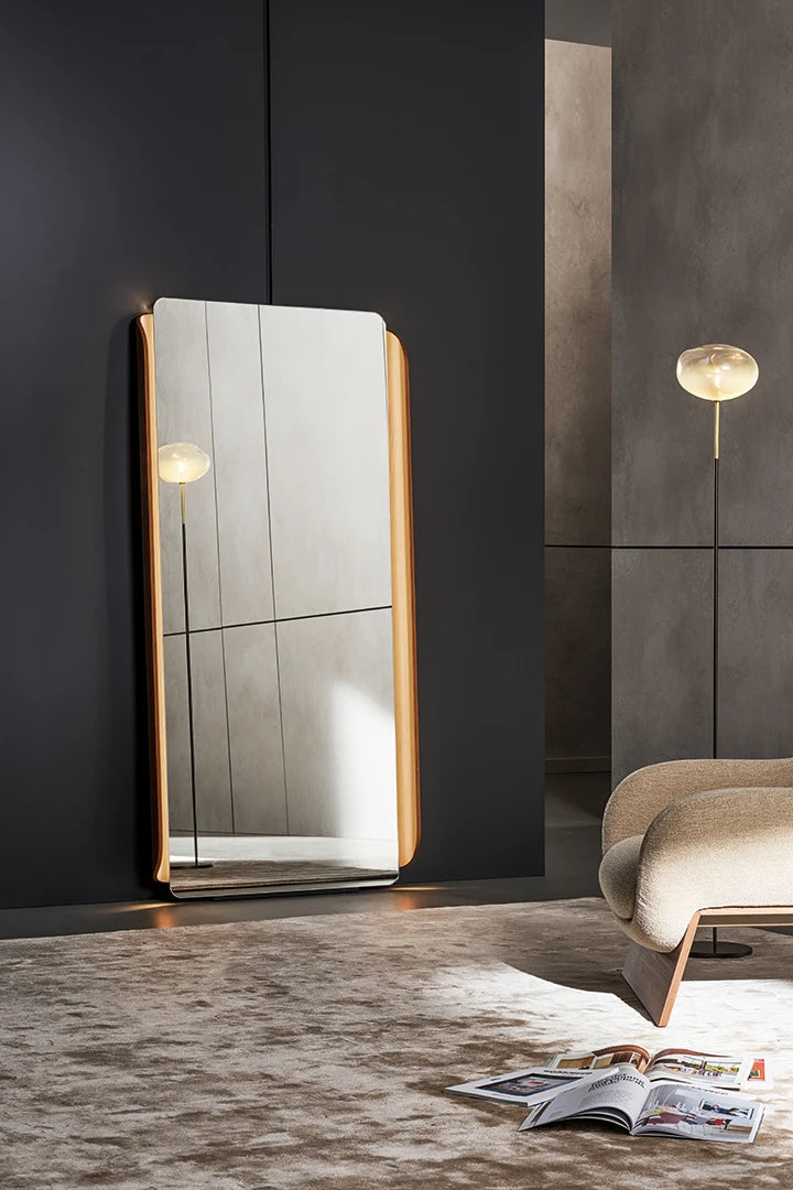 Olos Mirror by Bonaldo - Luxury LED Floor Mirror with Curved Wood Frame